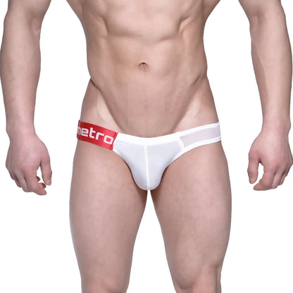White men’s briefs with red waistband featuring metro logo made of white mesh from metroMalewear puente bikini 3603-50