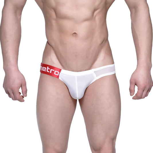 White men’s briefs with red waistband featuring metro logo made of white mesh from metroMalewear puente bikini 3603-50