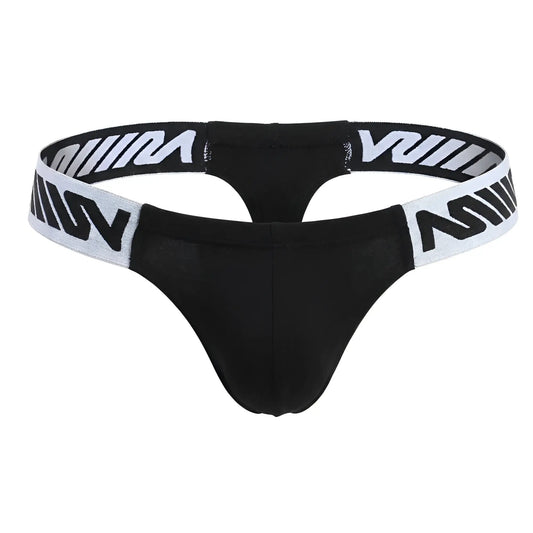 Black MetroMaleWear Puente thong with white elastic waistband and bold black v logos shown from the back side