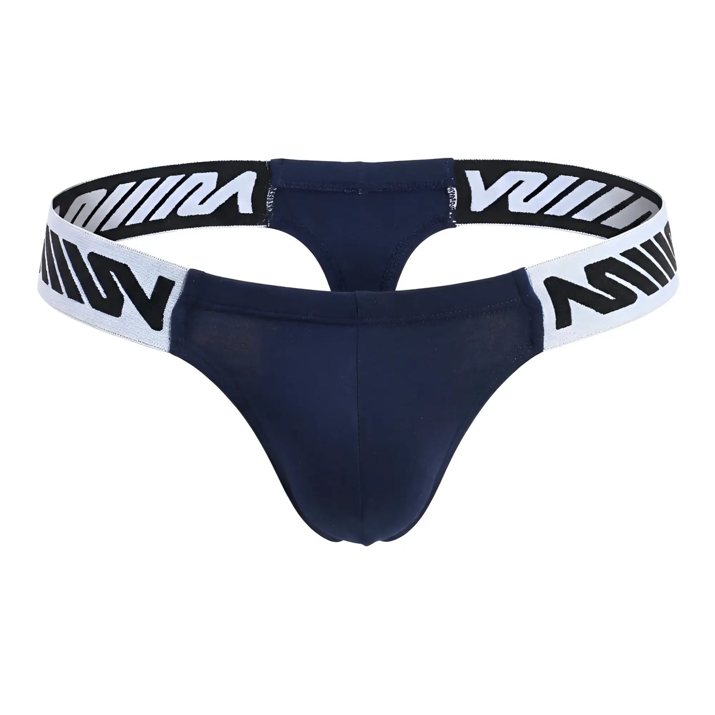 Navy blue metroamalewear puente thong with white elastic waistband and bold black w logos front view