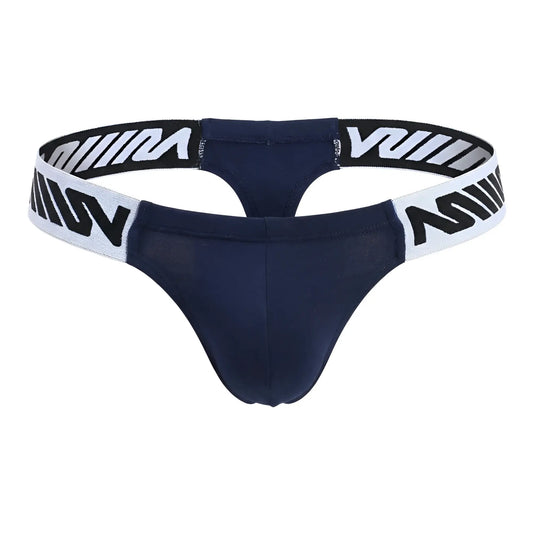 Navy blue metroamalewear puente thong with white elastic waistband and bold black w logos front view