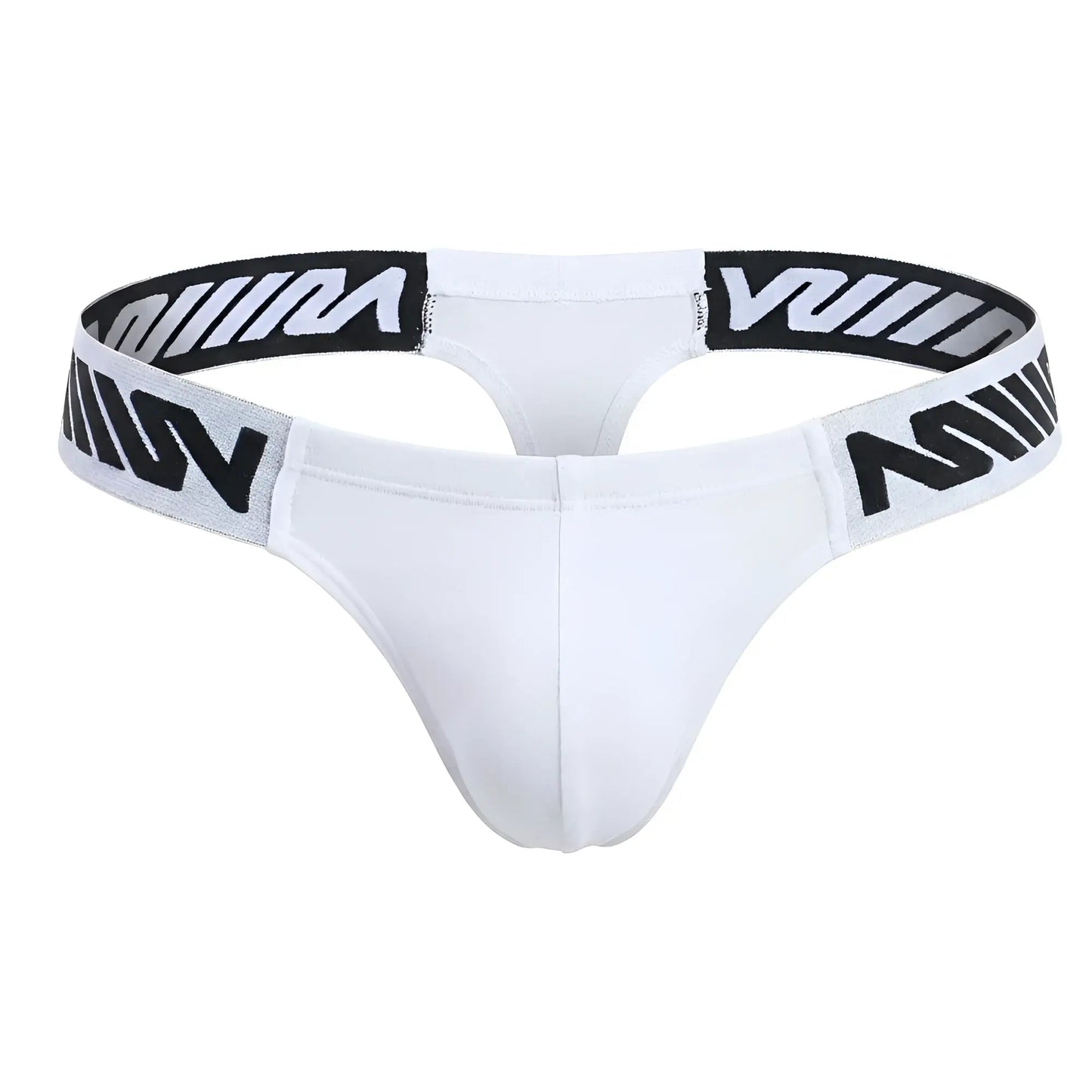 White thong by metromalewear featuring a black and white patterned elastic waistband in puente fabric