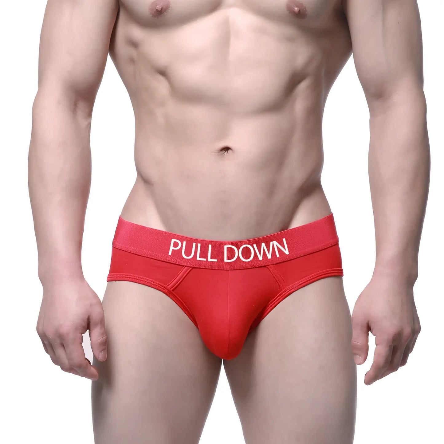 MetroMaleWear pull down hip brief in red with white lettering on waistband designed for comfortable support