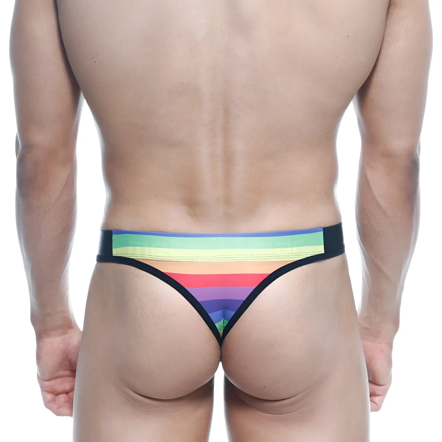 MetroMaleWear rainbow thong 2502-04 with rainbow stripes and black trim, showcasing the front side