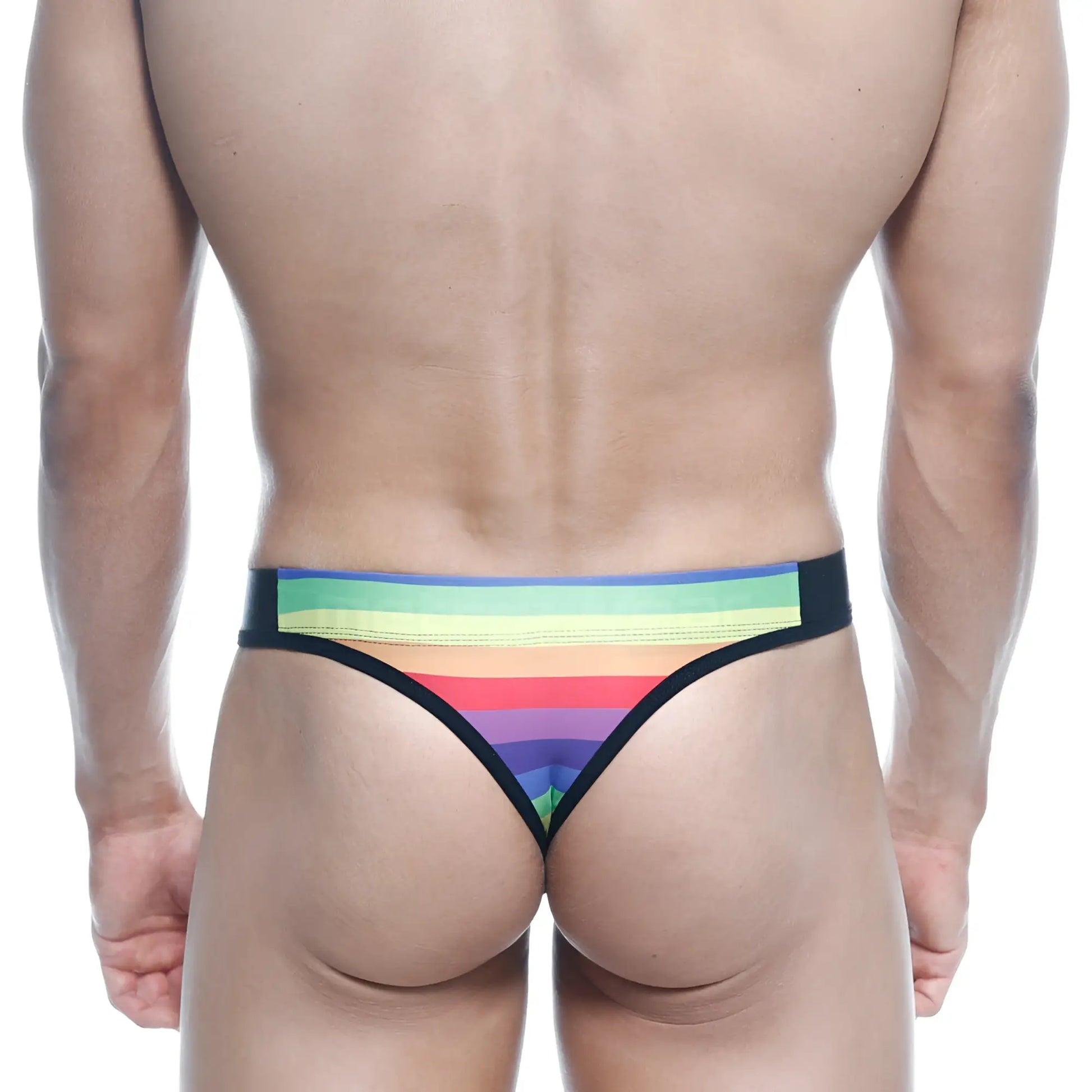 MetroMaleWear rainbow thong 2502-04 with rainbow stripes and black trim, showcasing the front side