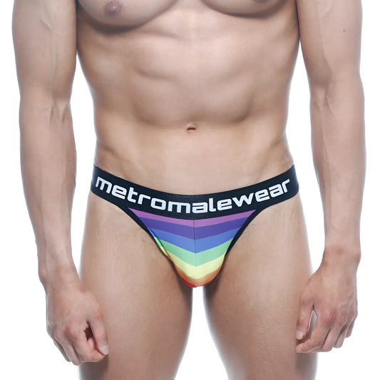MetroMaleWear rainbow-striped men’s briefs with black waistband featuring the metromalewear logo in front view