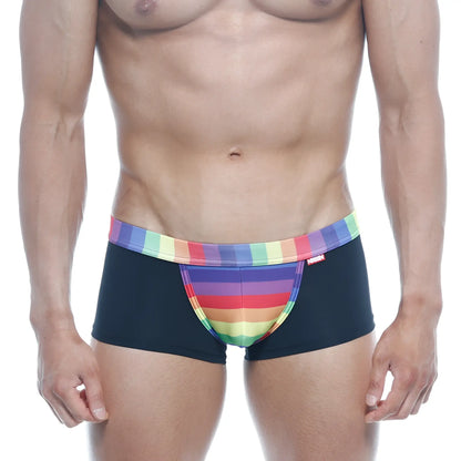 Black briefs metrohalewear rainbow trunk 2026-04 with vibrant rainbow-striped waistband and front panel design