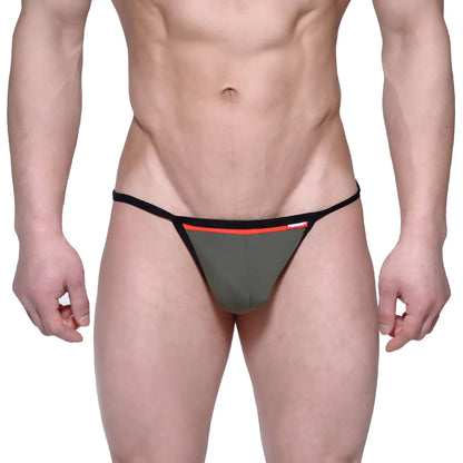 Olive green metro male wear reef string thong with black trim and red accent stripe for men
