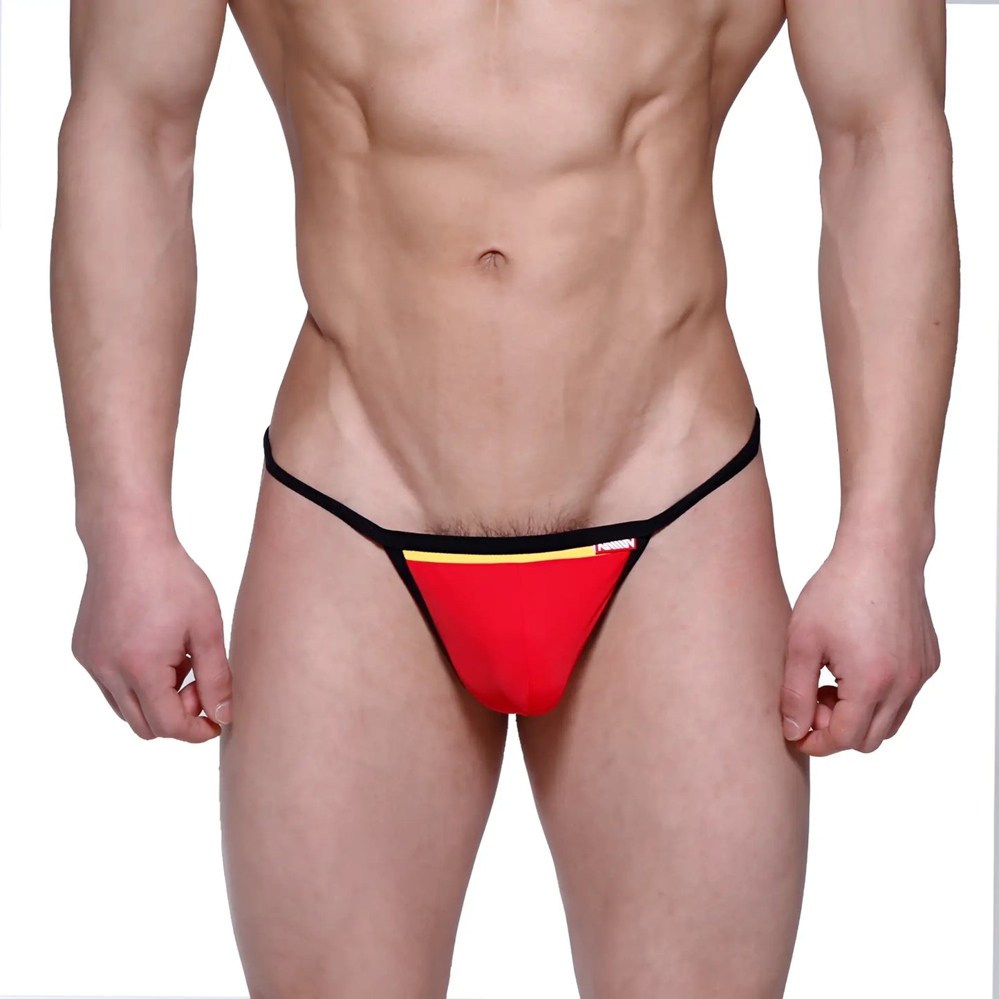 Red and black metro malewear reef string thong with a yellow stripe across the waistband front view