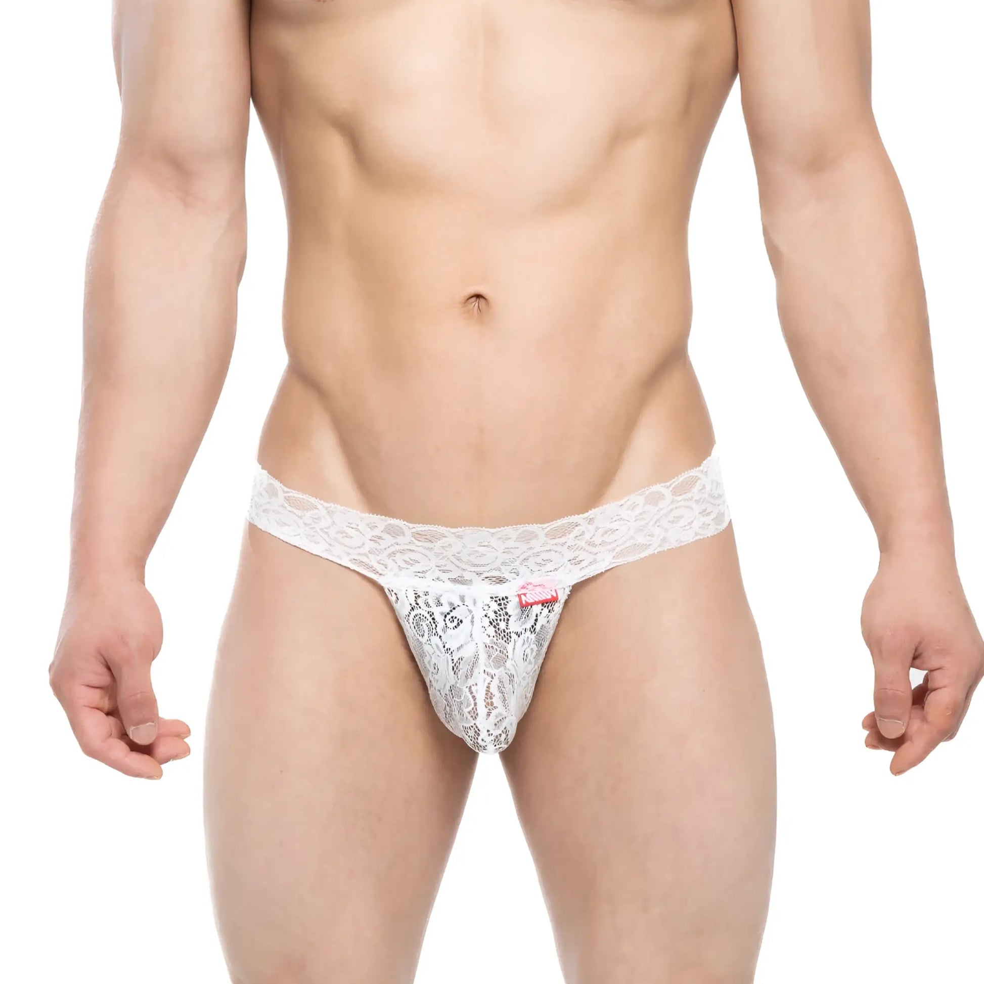 White lace thong with intricate floral patterns and a small red tag from MetroMaleWear Reina G-String White 4012-00