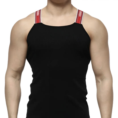 MetroMaleWear relaxed black tank top with red and white striped shoulder straps featuring a branded logo