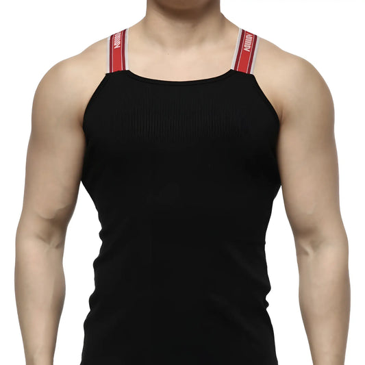 MetroMaleWear relaxed black tank top with red and white striped shoulder straps featuring a branded logo