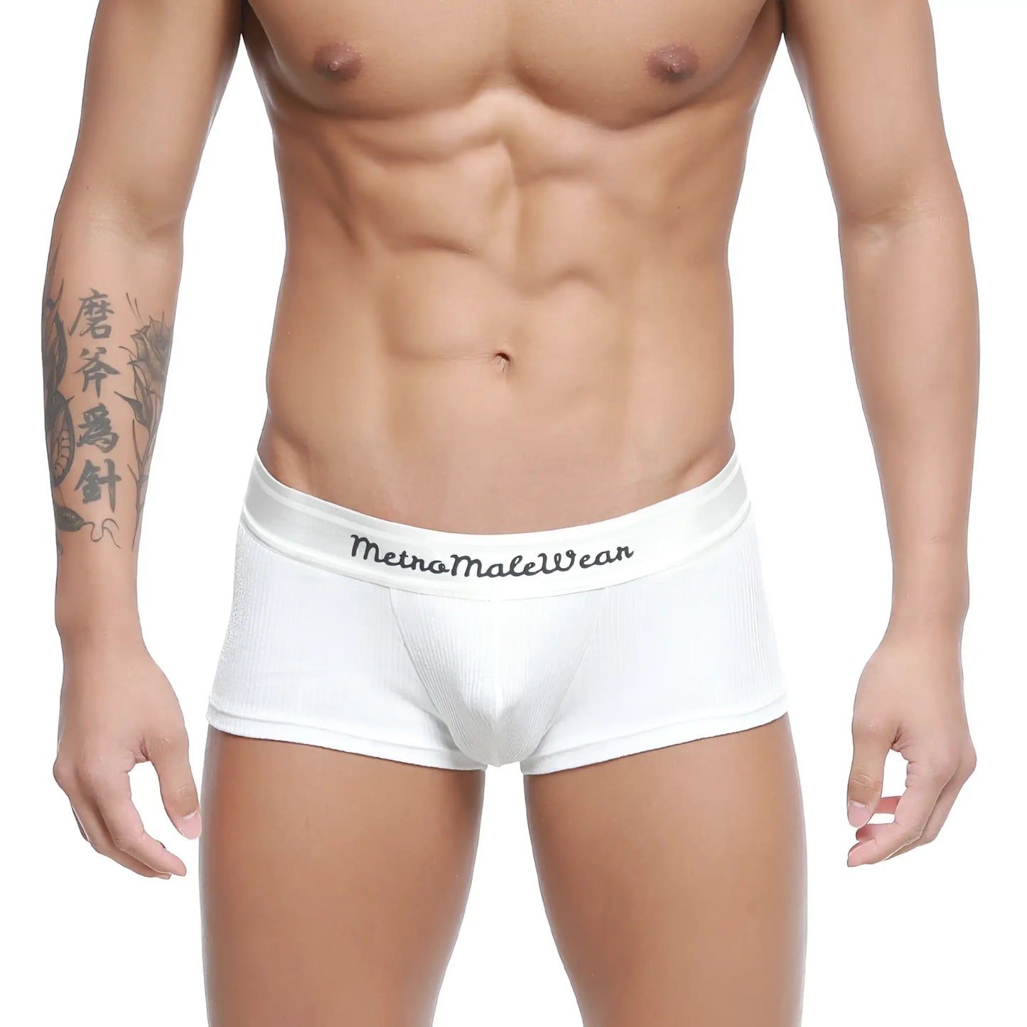 White ribbed men briefs with metromalewear branded waistband from MetroMaleWear rib trunk 2026-13 collection