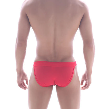 Bright red form-fitting swim trunks with smooth fabric and contoured design metroMalewear Rio Swim Bikini America