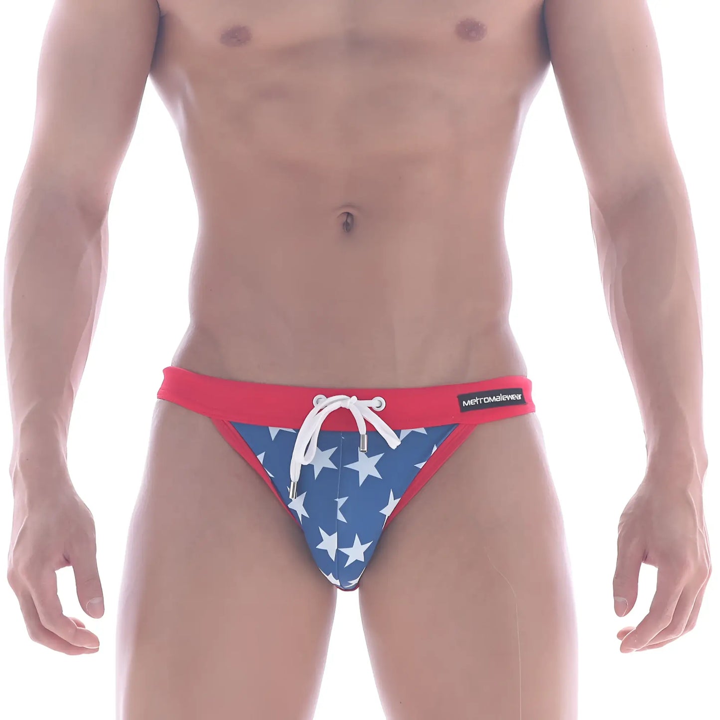 MetroMaleWear Rio swim bikini America 4949-91 features red and blue star patterned trunks with white drawstring