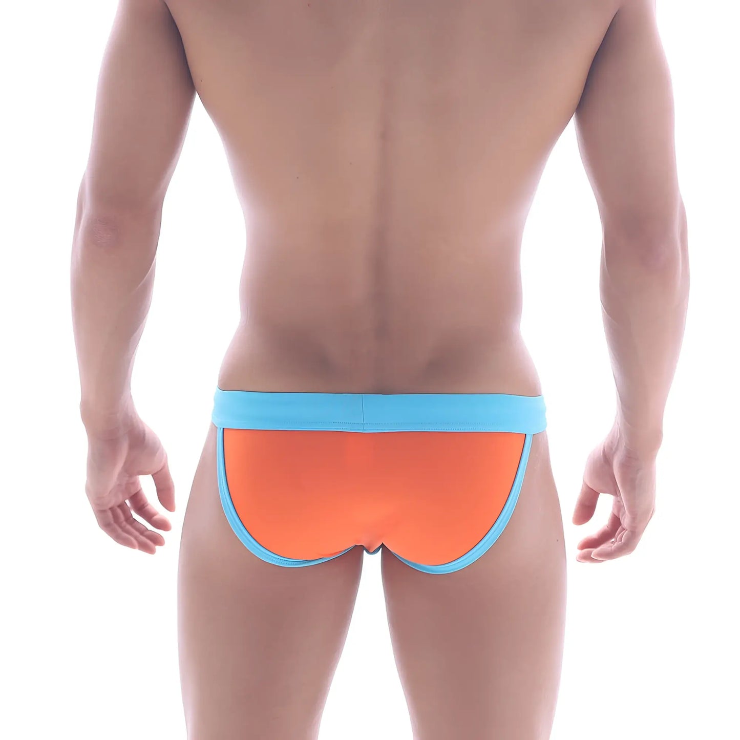 Bright orange metroMalewear rio swim bikini with light blue elastic waistband and trim for men