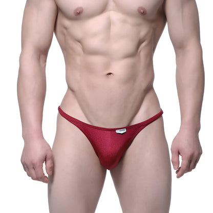 Red metallic-textured thong with a small white MetroMaleWear brand tag at the front.
