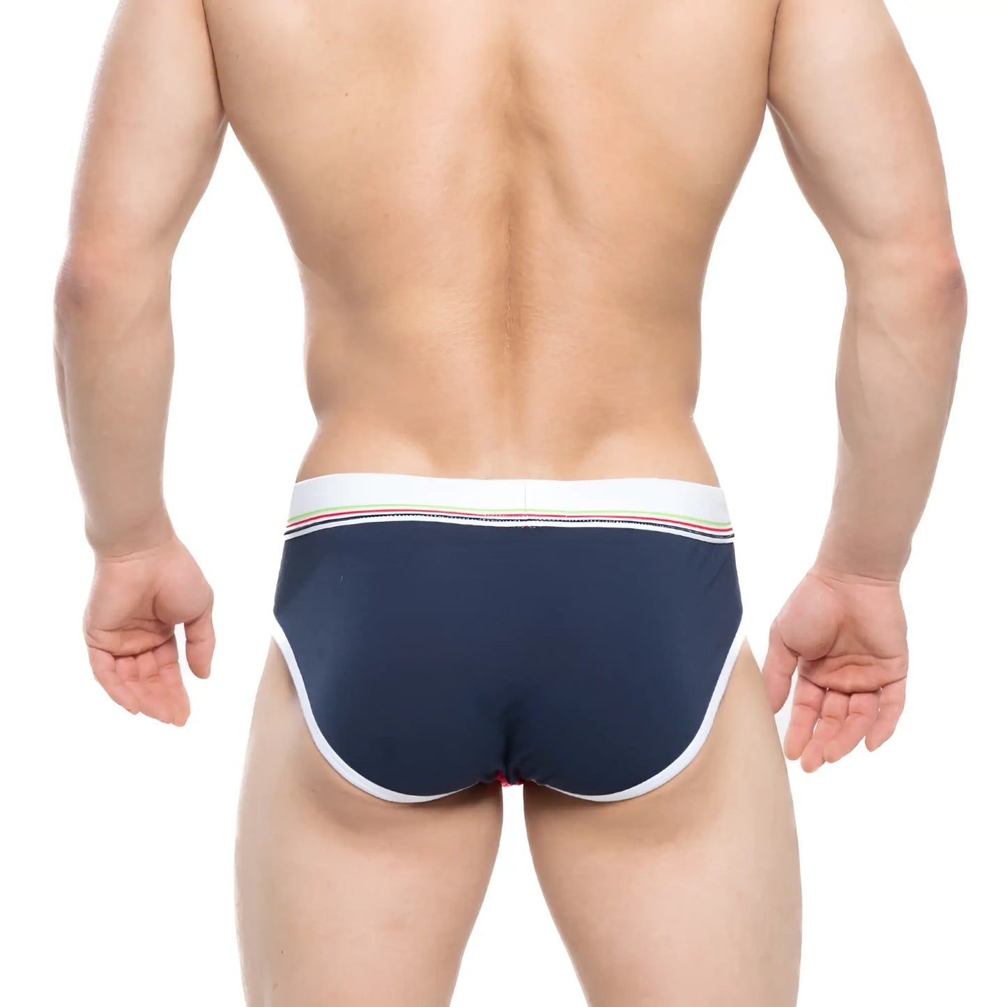 Navy blue MetroMaleWear Rudolf Brief 5203-29 with white trim and rainbow stripe waistband briefs for casual wear