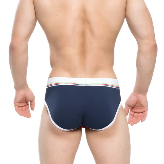 Navy blue MetroMaleWear Rudolf Brief 5203-29 with white trim and rainbow stripe waistband briefs for casual wear