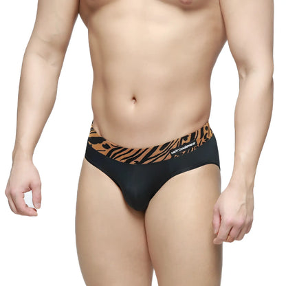 Black briefs metro male wear sabana brief 5003-55 with bold orange and black tiger stripe waistband and metconverse branding