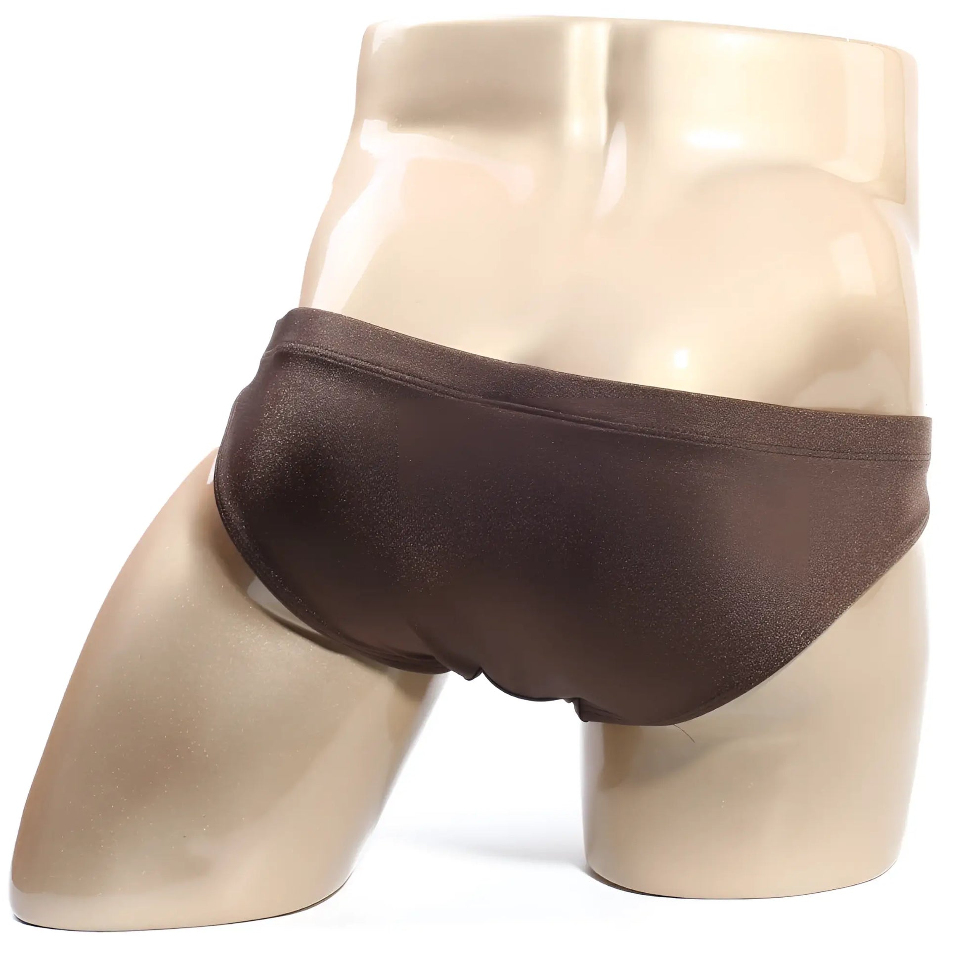 Brown shiny fabric briefs swim bikini by metromalewear santorini gold 4921-s21 displayed on a mannequin