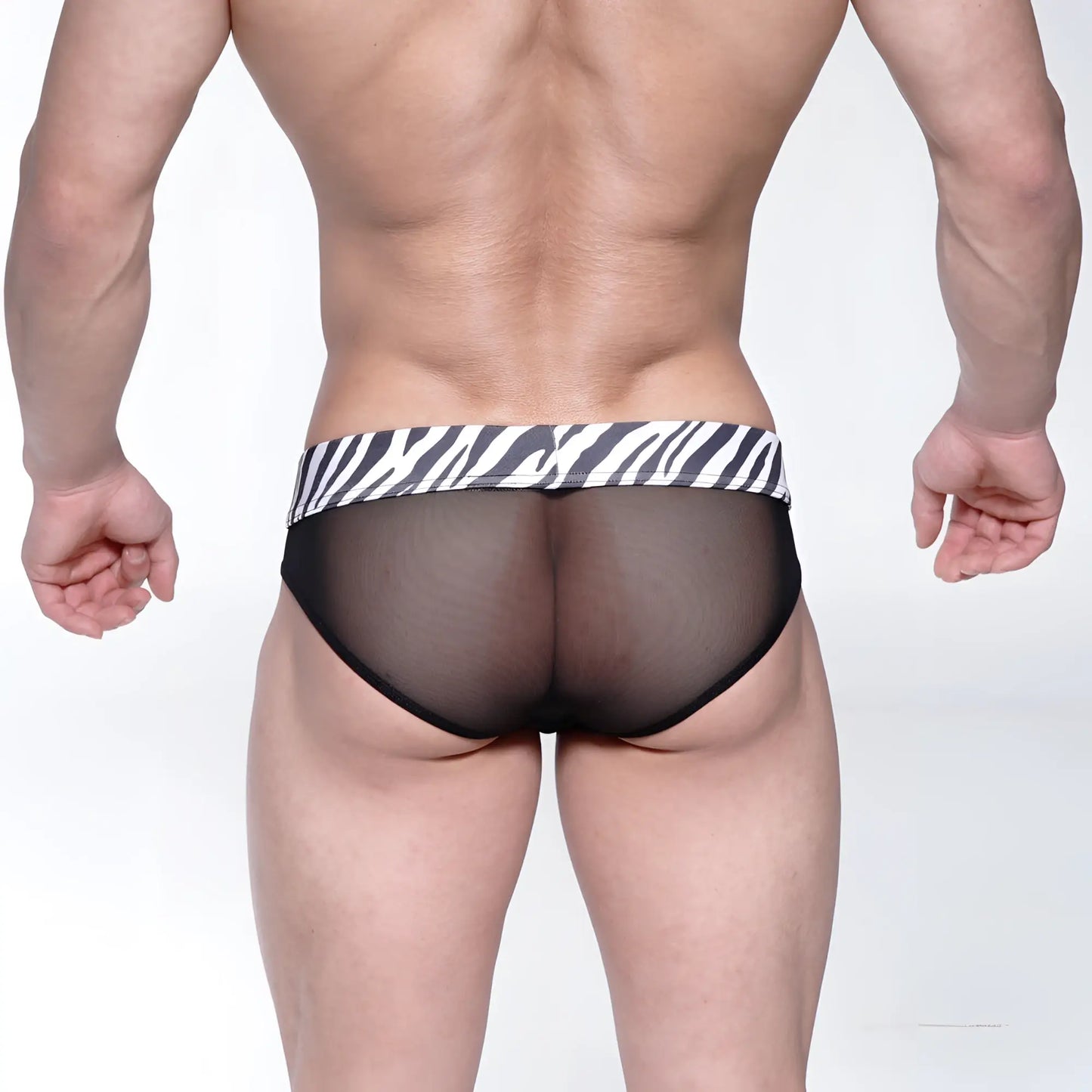 Black mesh briefs with a bold black and white zebra-striped waistband from MetroMaleWear Savage Bikini 6105-50