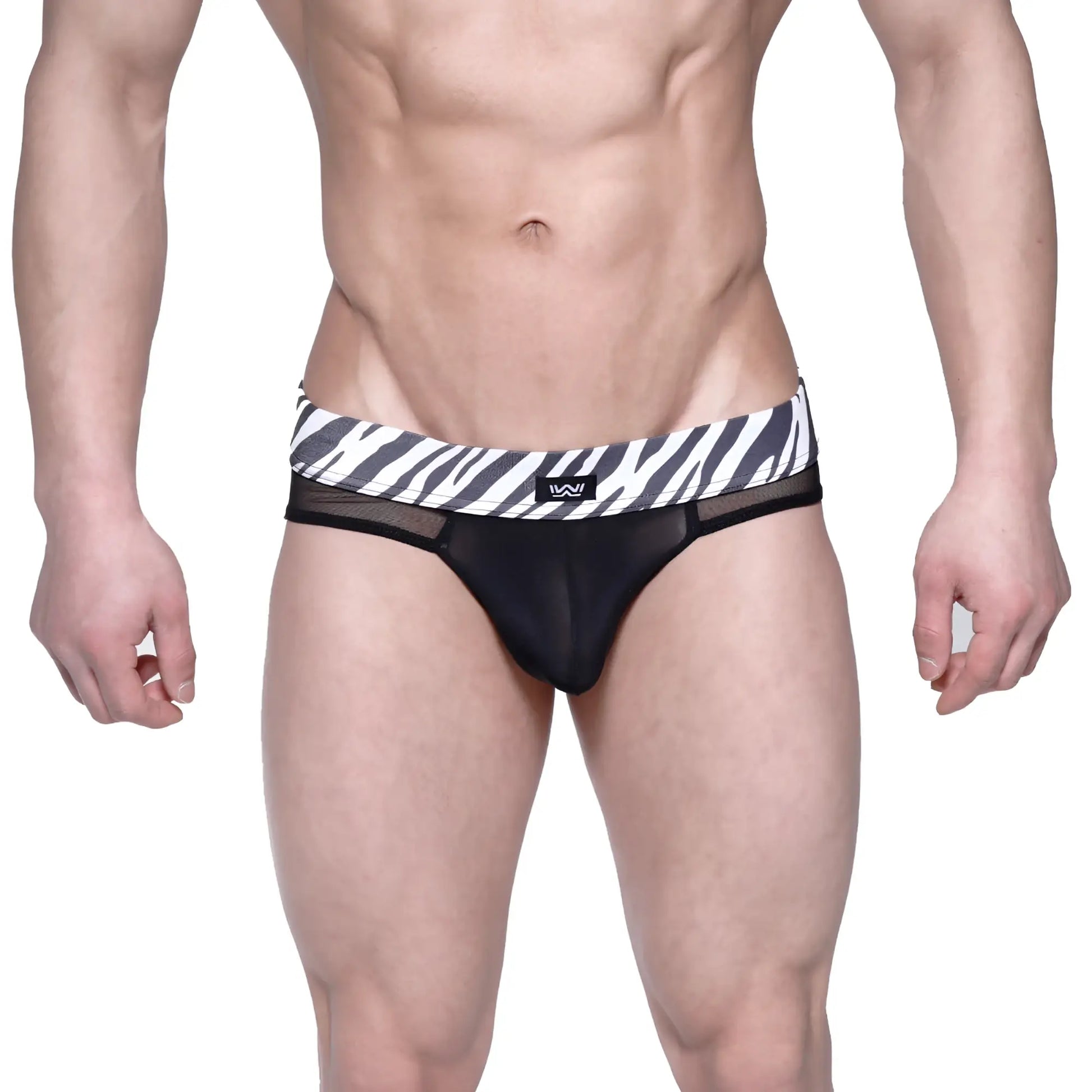 Black mesh MetroMaleWear savage bikini briefs with black and white zebra-striped waistband and small logo