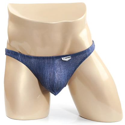 Blue denim thong with small white logo on waistband by metromalewear seduction bikini denim 2004-60 back view
