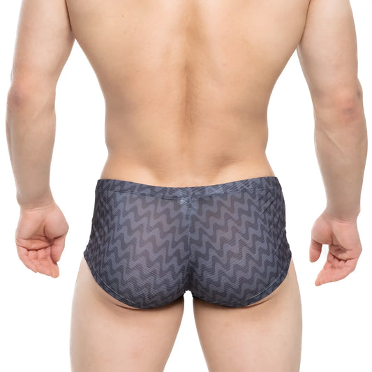 Dark gray MetroMaleWear Senal swim trunks with bold zigzag pattern designed for comfortable beachwear