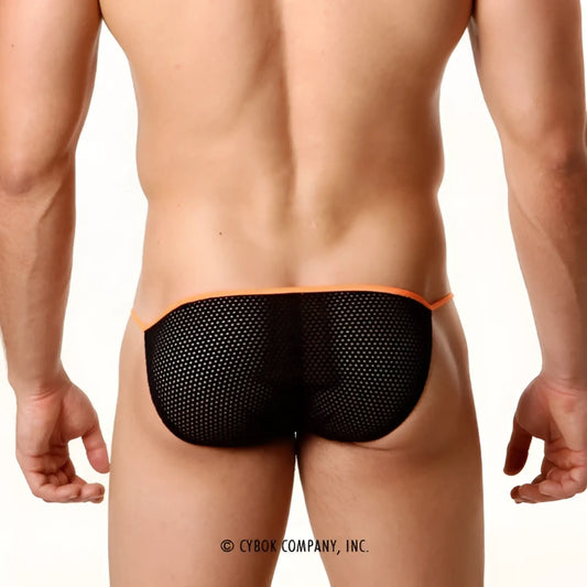 Black mesh briefs with orange trim sheer fun bikini style by metromalewear model 5004-14