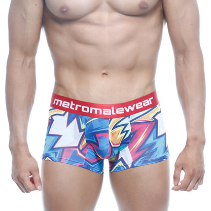 MetroMaleWear short boxer atractivo 7 inch vibrant graffiti print in blue pink white with red logo waistband