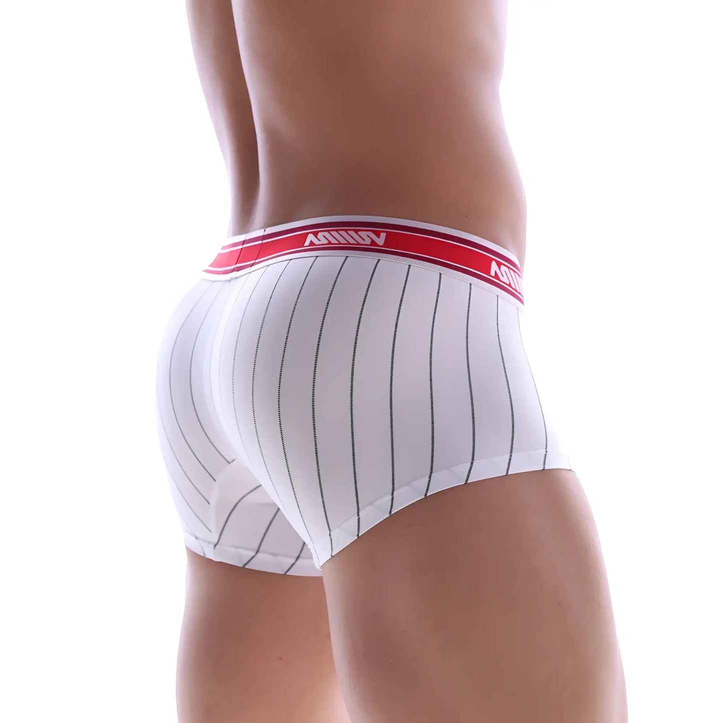 White men’s briefs with black vertical stripes and a red vivi waistband metroMalewear short boxer stripe 7 inch 2022-71