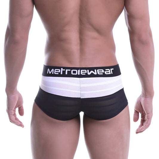 Metro male wear short boxer stripe black men’s briefs with black and white stripes and mesh waistband with metrowear logo