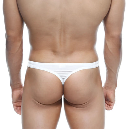 White MetroMaleWear silk thong 4102-00 shown from the back with a textured ribbed design on sides and back