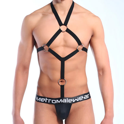 Black MetroMaleWear sling jock strap bodysuit with silver metal rings adjustable straps and branded waistband
