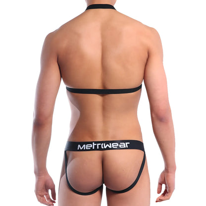 Black MetroMaleWear sling jock strap briefs with thin waistband and leg straps designed for comfortable men’s wear