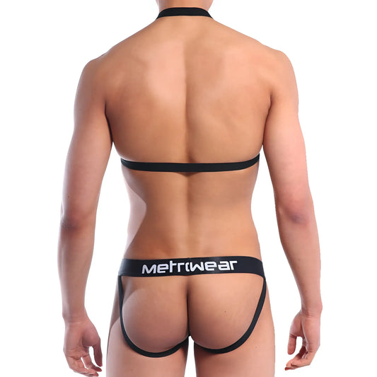 Black MetroMaleWear sling jock strap briefs with thin waistband and leg straps designed for comfortable men’s wear