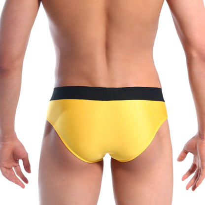 Bright yellow metro male wear snap brief mango 2222-15 with black elastic waistband for comfortable fit