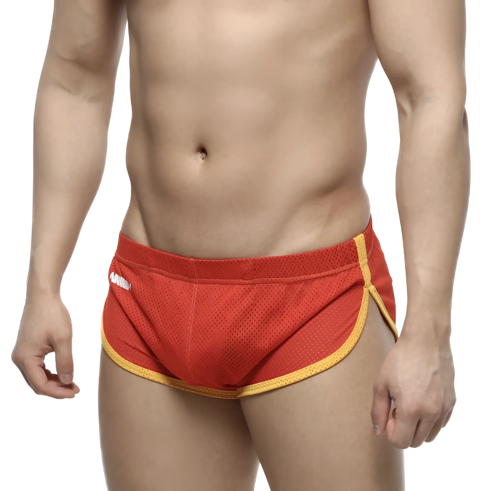 Red mesh athletic briefs with yellow trim metro malewear soccer split short red 4705-12 front view
