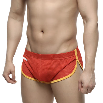 Red mesh athletic briefs with yellow trim metro malewear soccer split short red 4705-12 front view