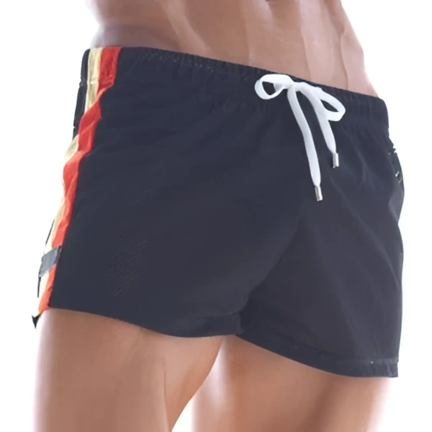 MetroMaleWear soccer swim short black with white drawstring orange side stripe in breathable mesh material
