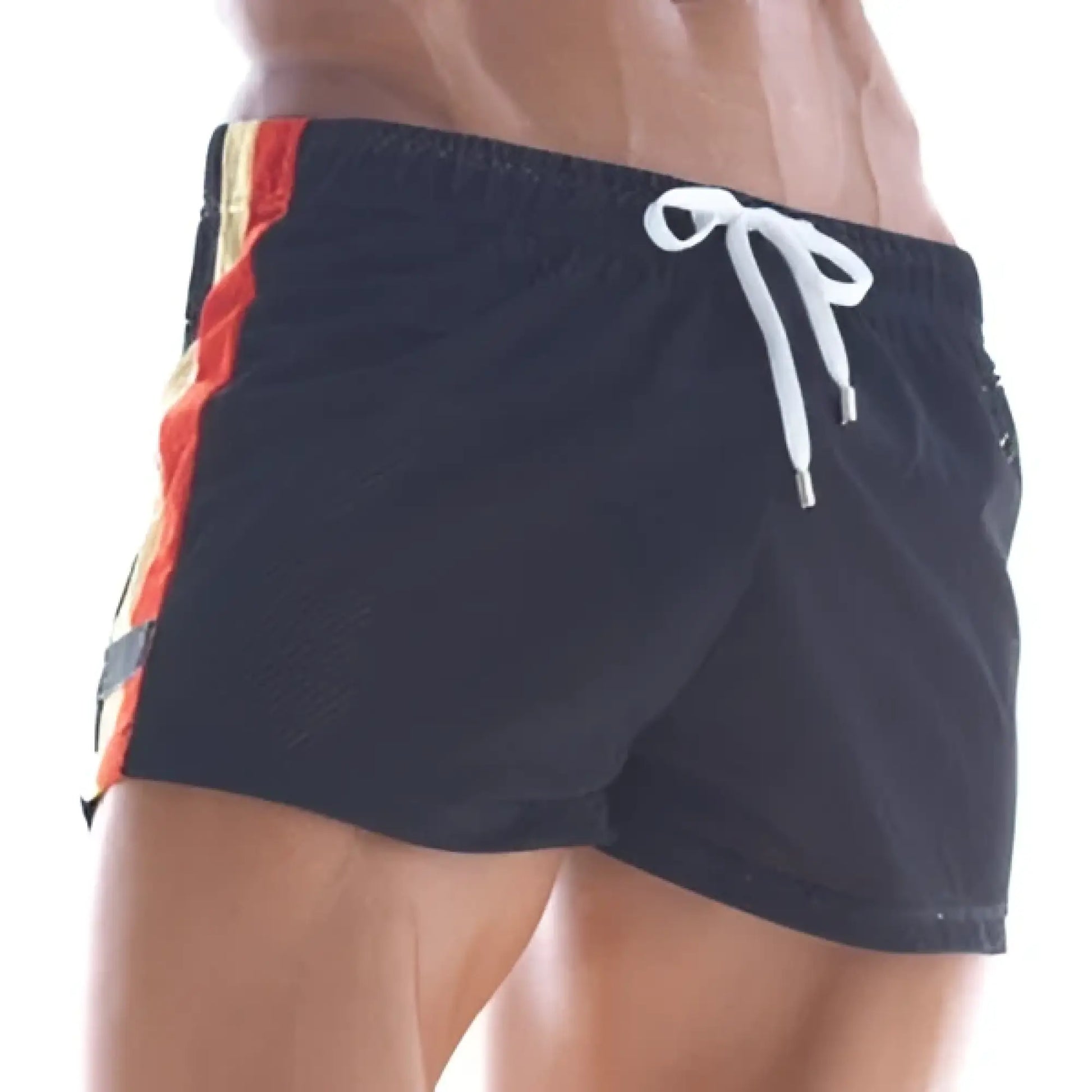 MetroMaleWear soccer swim short black with white drawstring orange side stripe in breathable mesh material