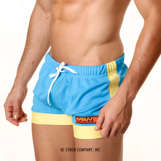 MetroMaleWear Soccer swim short sky 4704-08 bright blue and yellow mesh athletic shorts with white drawstring waistband