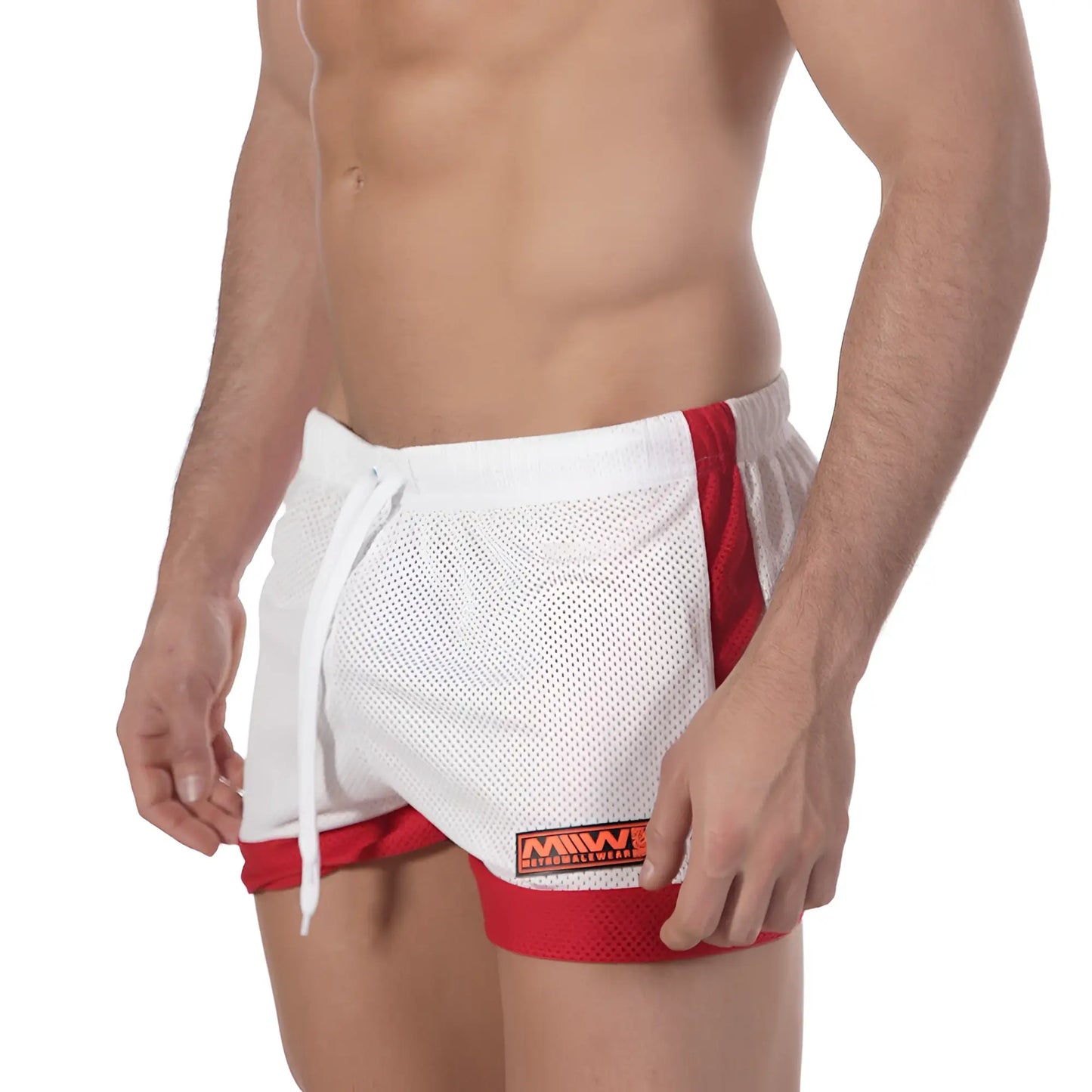 White and red mesh athletic shorts with a drawstring waistband and orange logo patch by Metromalewear.