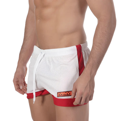 White and red mesh athletic shorts with a drawstring waistband and orange logo patch by Metromalewear.