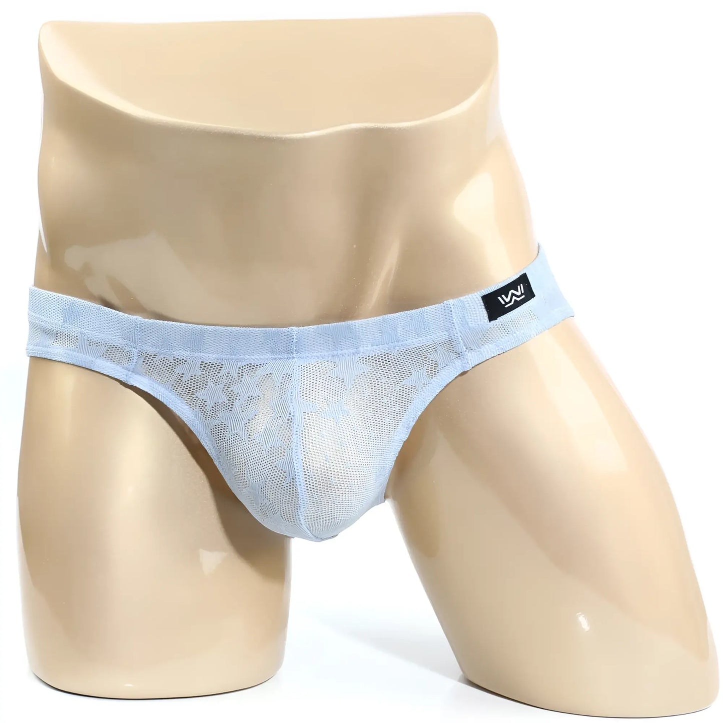 Light blue MetroMaleWear Stardust bikini briefs with lace trim, mesh design, and black brand tag