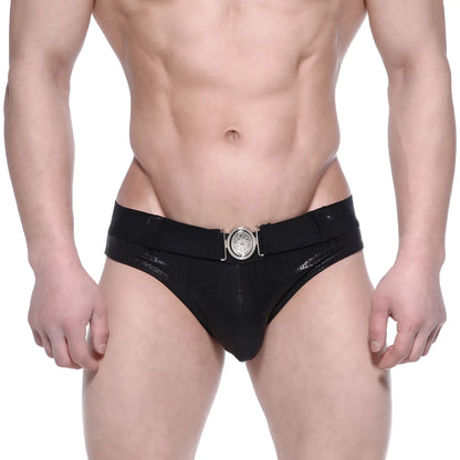 MetroMaleWear STARS black patent leather swim briefs featuring a silver-toned circular buckle
