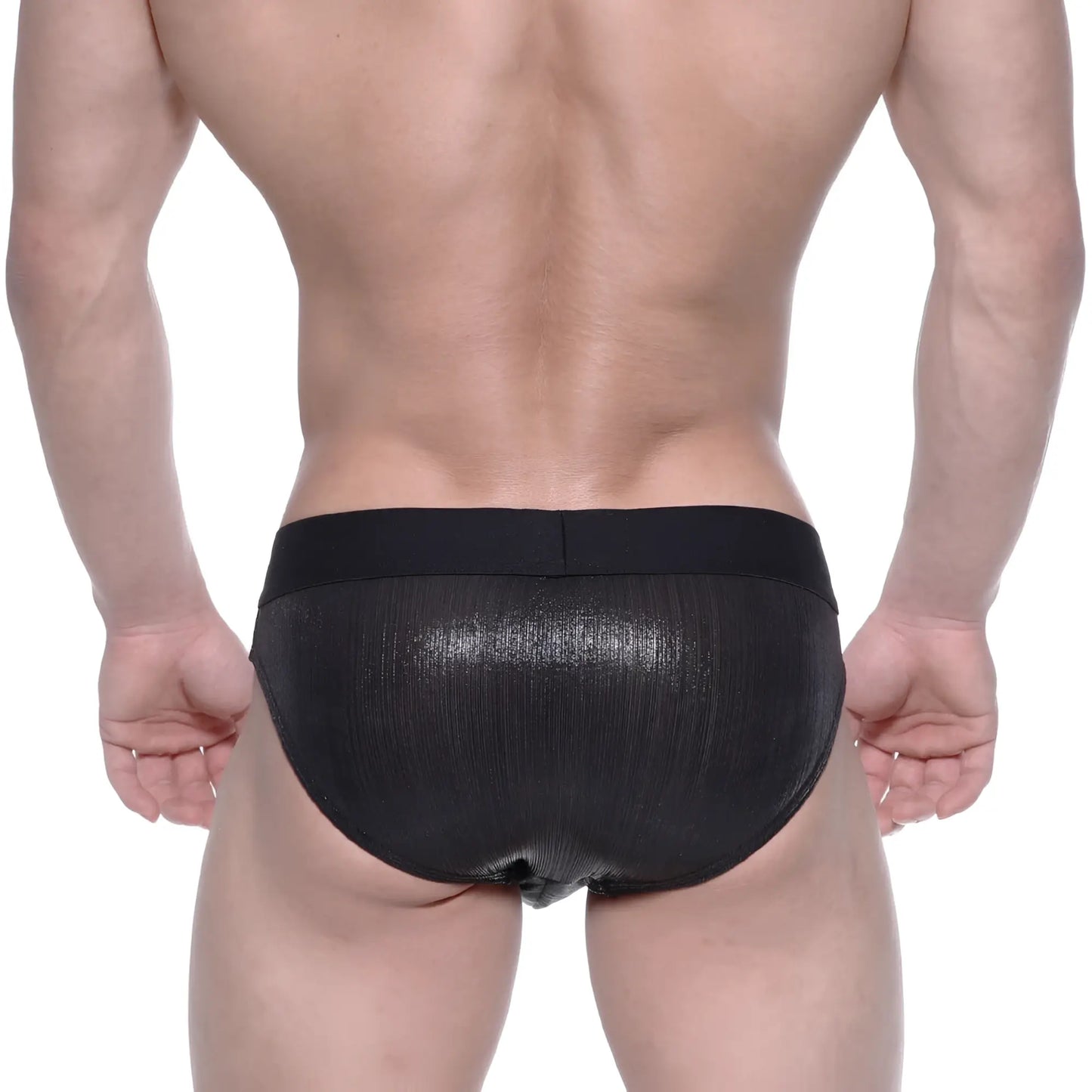 MetroMaleWear STARS black swim briefs feature shiny mesh fabric with ribbed texture and elastic waistband for swim use