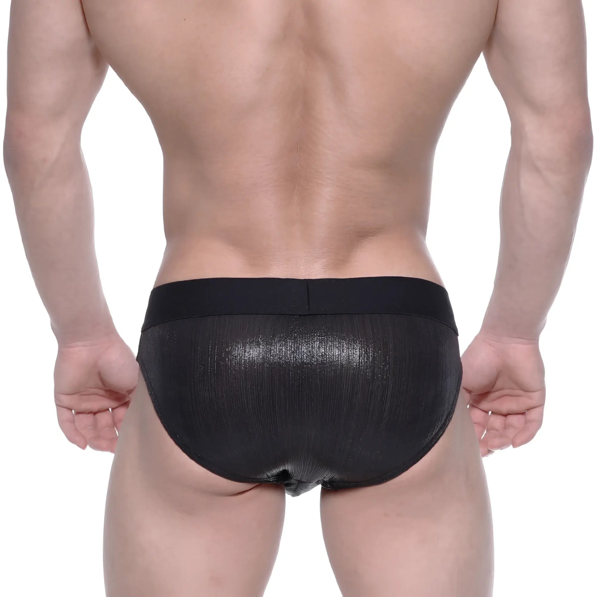 MetroMaleWear STARS black swim briefs feature shiny mesh fabric with ribbed texture and elastic waistband for swim use