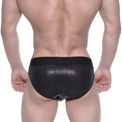 MetroMaleWear STARS black swim briefs feature shiny mesh fabric with ribbed texture and elastic waistband for swim use